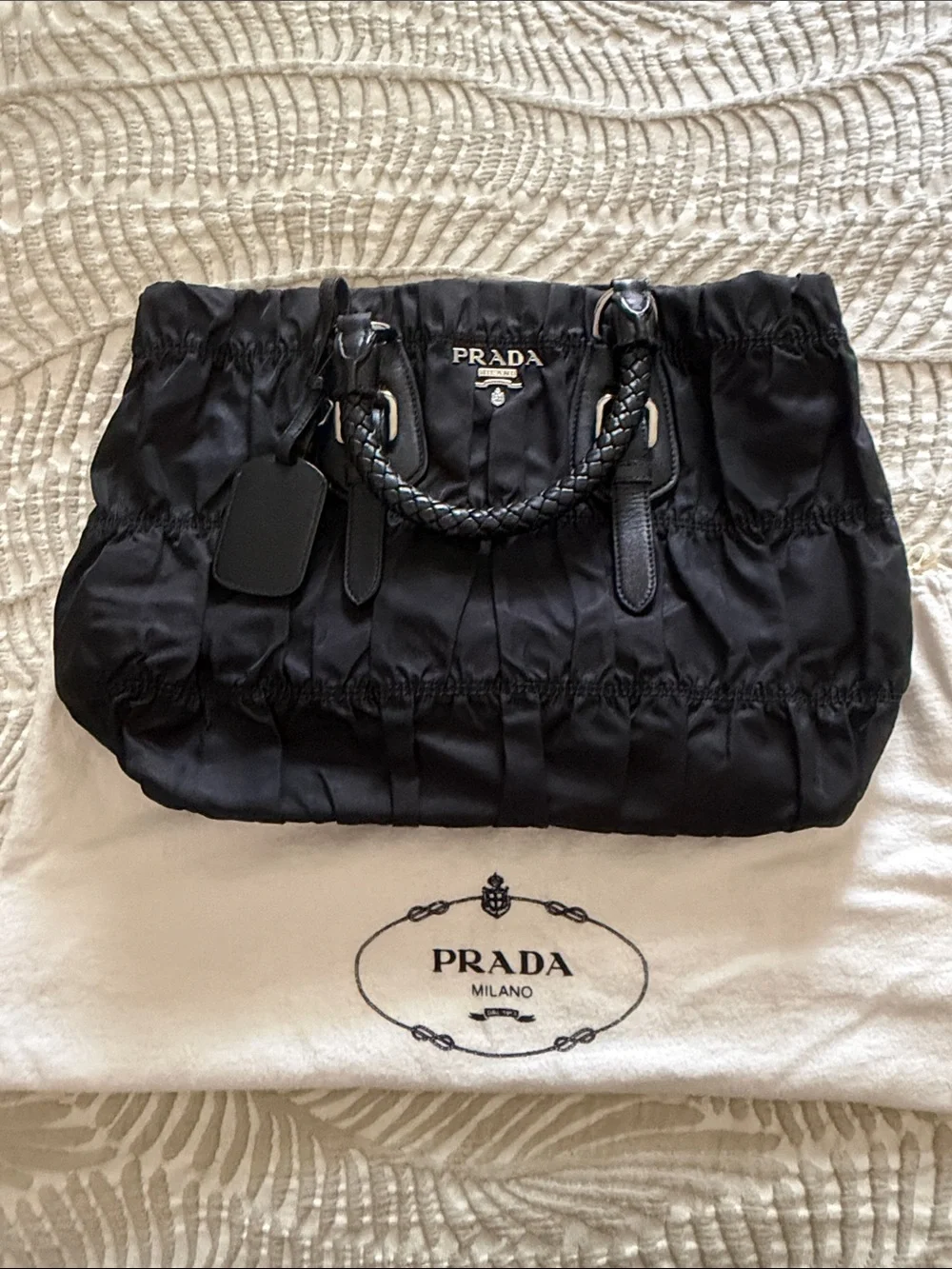 Prada Black Quilted Nylon Tote with Braided Top Handles